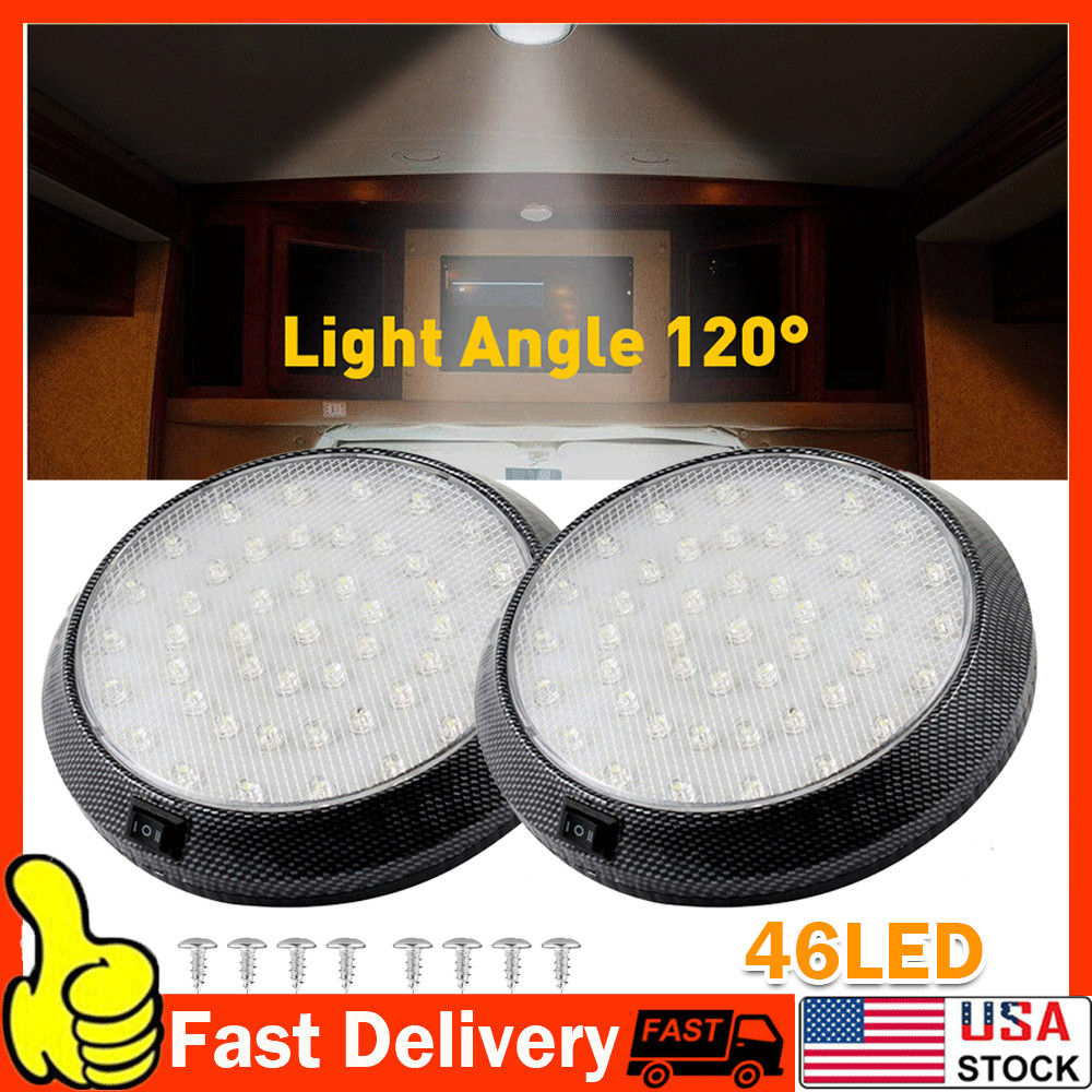 2x 12V White 46 LED Car Auto Round Dome Roof Ceiling Light Interior Bright White
