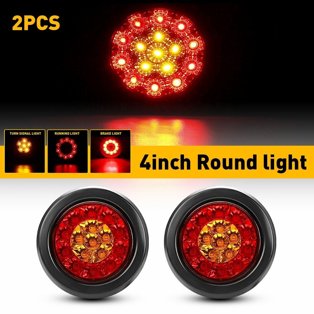 2X Amber/Red 16 LED Round 4″ Truck Trailer RV Brake Stop Turn Signal Tail Lights
