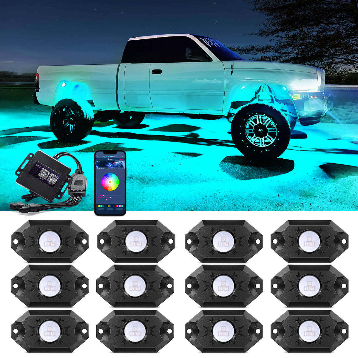 MICTUNING C1 C2 Q1 RGBW LED Rock Lights, Remote/APP Control Underbody Glow Light
