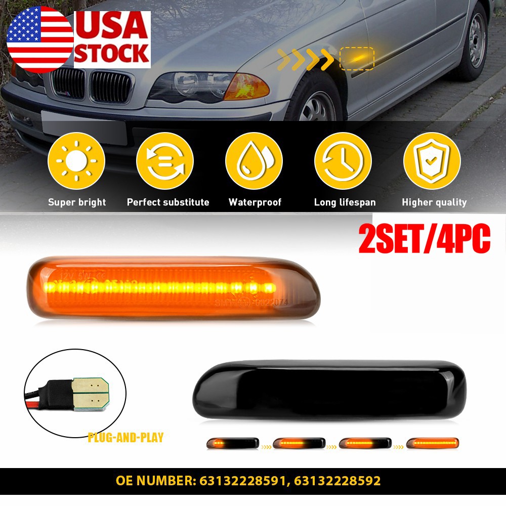 4PC RH LH Smoked Sequential LED Side Marker Lights Amber 63132228591 For BMW E46