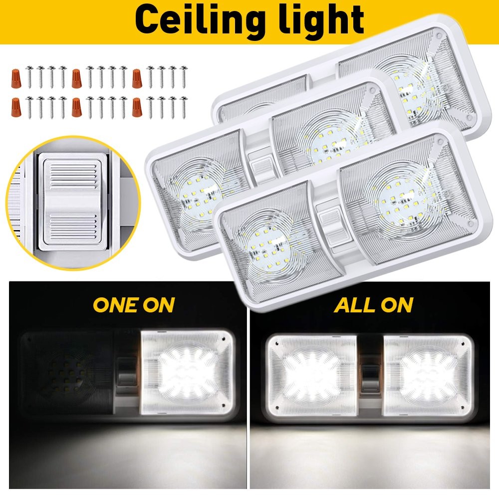 3PCS 12V LED RV Ceiling Interior Boat Light Camper Trailer Double Dome Frost