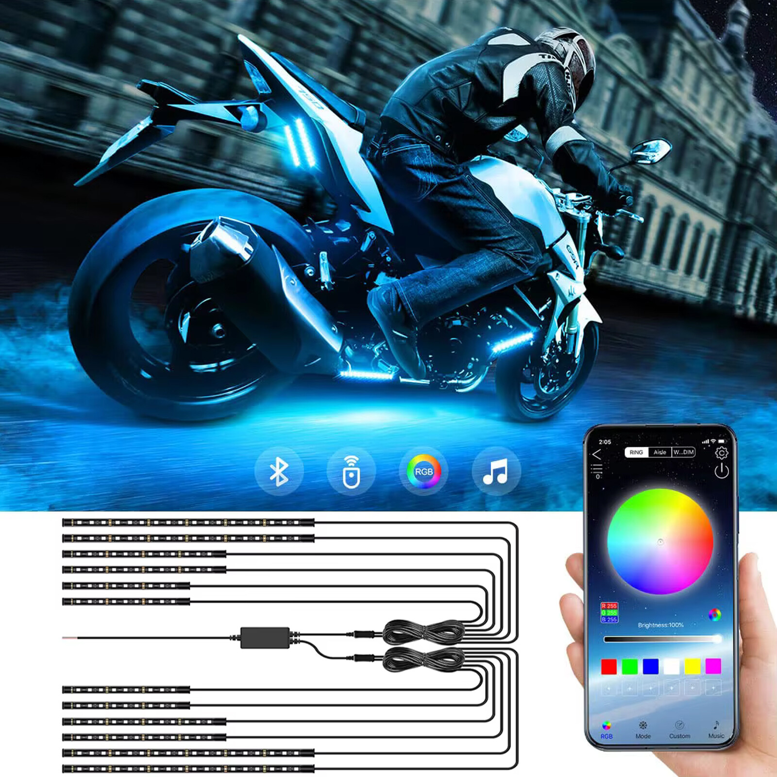12V Motorcycle Car RGB APP Atmosphere Light Flexible Waterproof Sound Control
