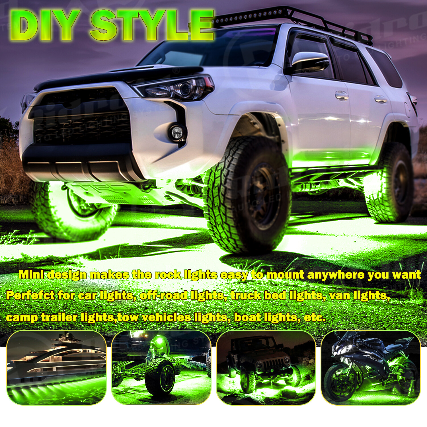 4X Green LED Rock Lights Underbody Glow Pods for Harley Honda Yamaha Motorcycle