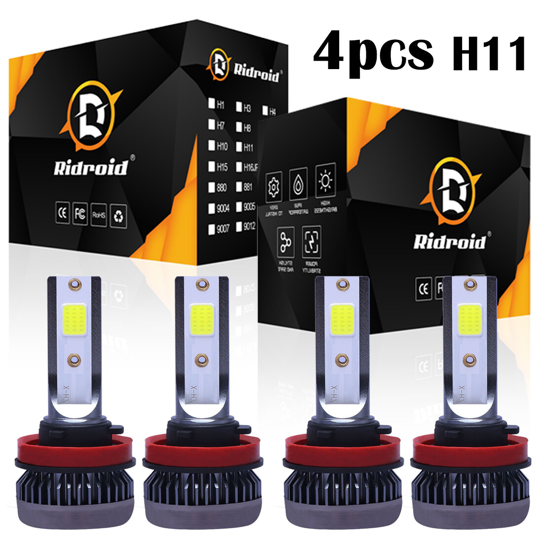 2-Sides H11 LED Headlight Combo High Low Beam Bulbs 72000LM 6000K White 4PCS