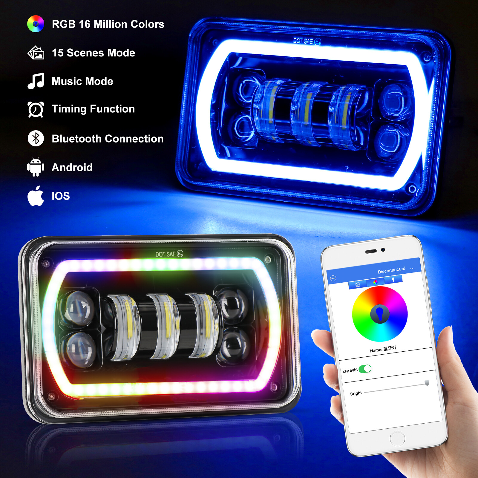 4pc 4×6 RGB LED Headlights Hi/Lo DRL Lamp For Chevrolet Monte Carlo 80-88 Camaro