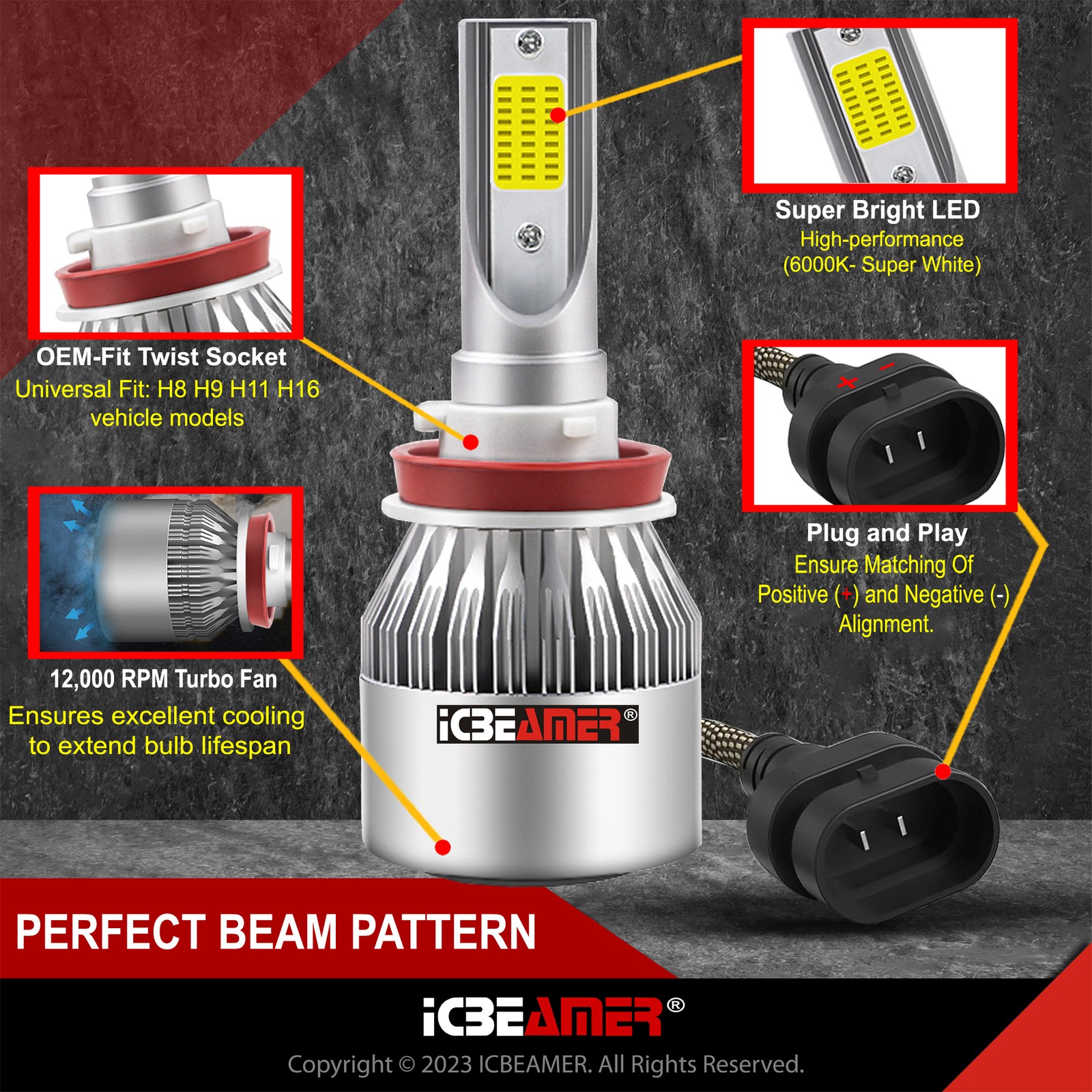 H9 COB C6 LED 6000K White Replace Factory Halogen Fit High Beam Light Bulbs H8