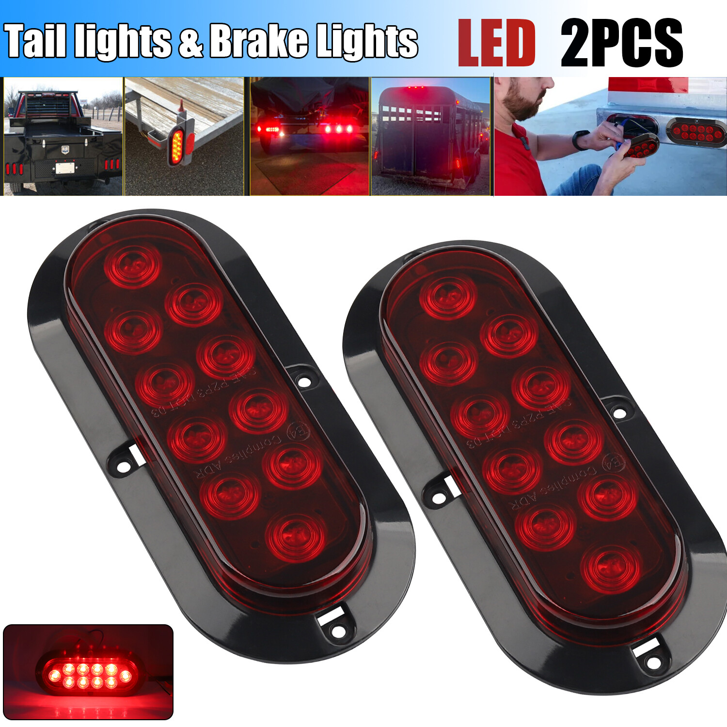 2 Red 6″ Oval Trailer Lights 10 LED Stop Turn Tail Truck Sealed Grommet Plug DOT