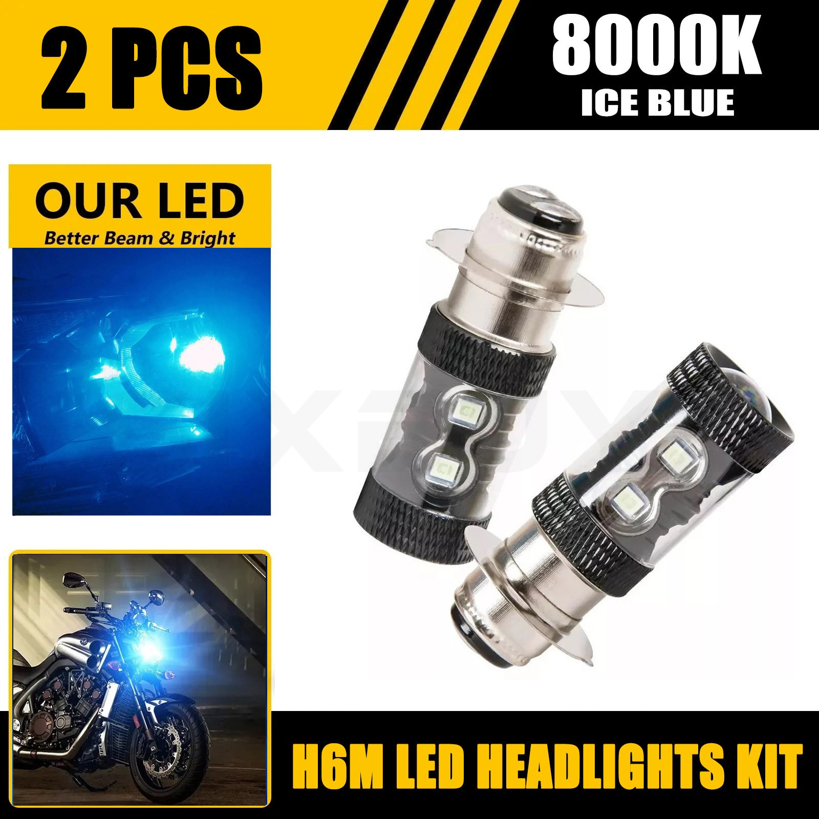 H6 Headlight 8000K Blue LED Bulbs New For Yamaha YFZ450 2004 2005 2006 2007-2009