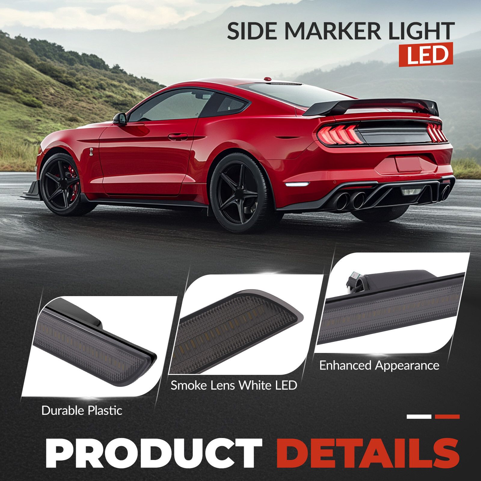 2PCS White LED Side Marker Lights Rear For Ford Mustang 2015-2023 Smoked Lens
