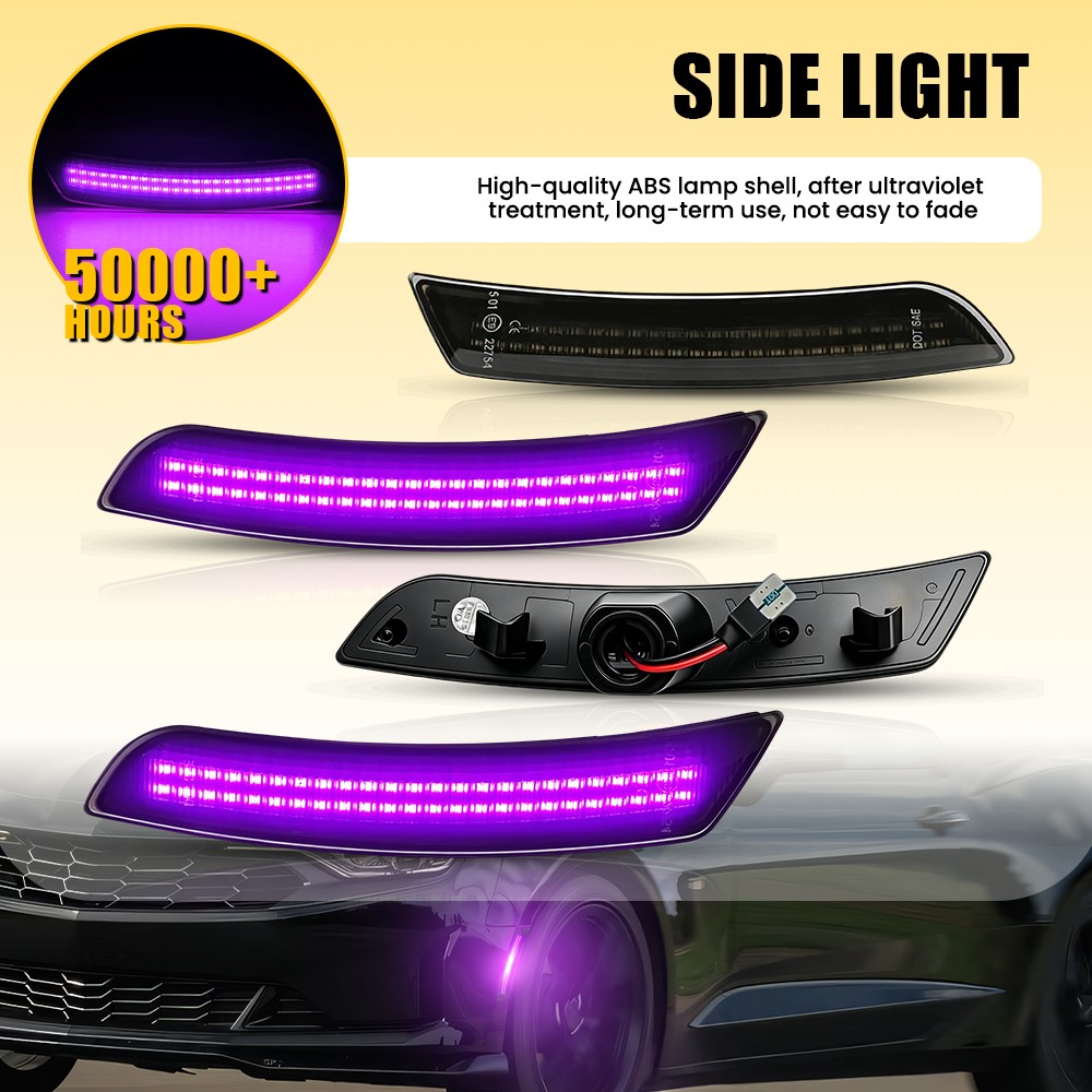 For 2016-22 2023 Chevy Camaro 4x Solid Purple LED Side Marker Lights Smoked Lens
