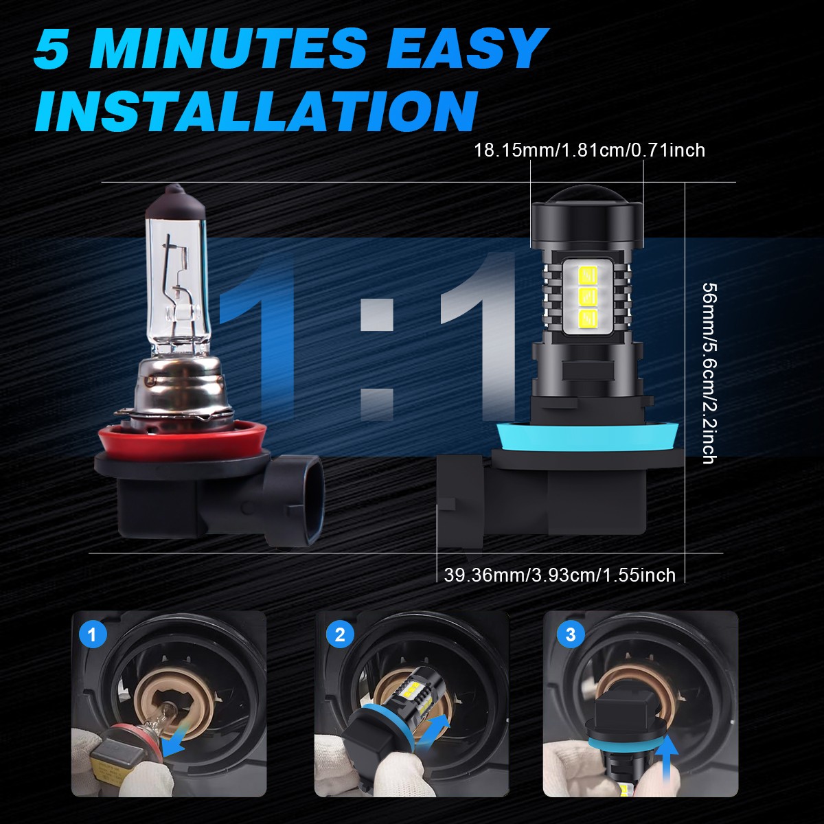LupuAuto 2PCS H11 LED Fog Light Bulbs Kit 20W 6500K Super Bright White 2400LM