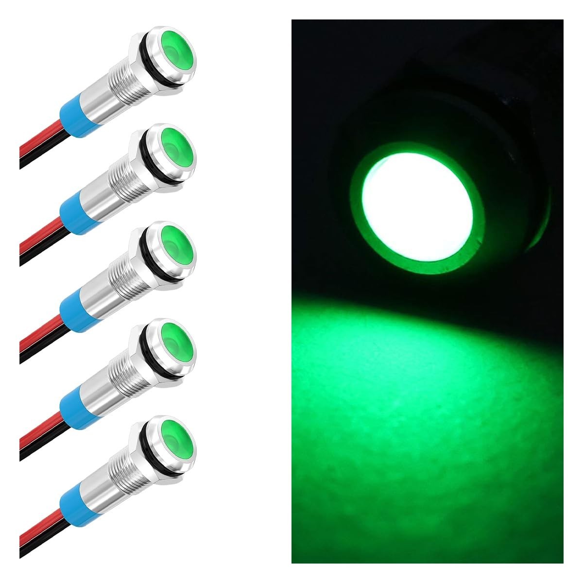 5PCS 6MM LED Indicator Light, Waterproof Metal Signal Lamp AC/DC 12-24V, Green