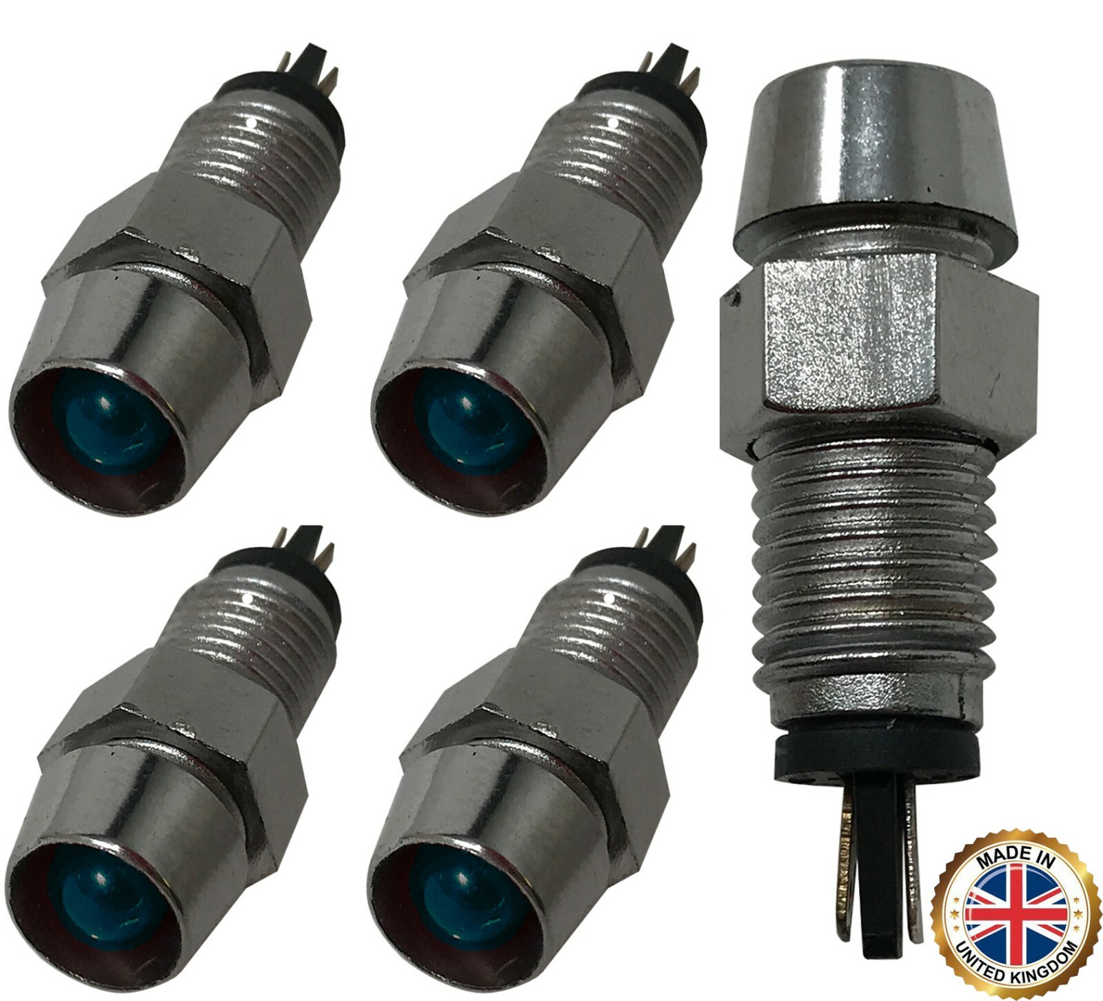 5 Pack of Universal 12V Blue LED Lamp Dash Panel Pilot Indicator Light – Chrome