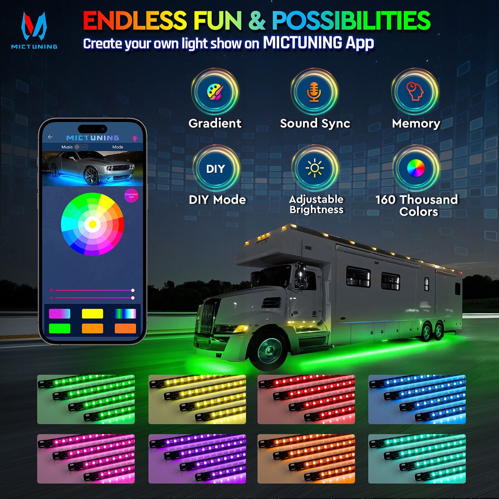 8PCS RGBW Underglow Light Bars for RVs,Exterior Neon Underbody LED Light strips