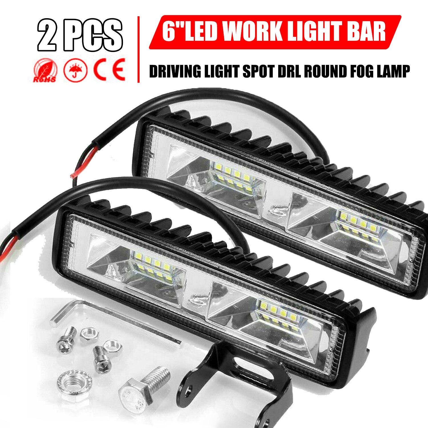 2x 6inch 48W LED Work Light Bar Flood Fog Lamp Offroad Driving Truck SUV ATV 4WD