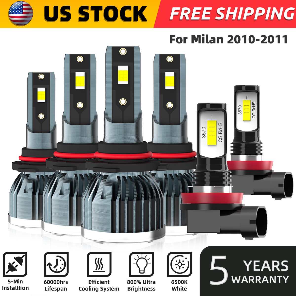 For Mercury Milan 2010-11 LED Headlight KIT Combo Bulbs High Low Fog Beam 6000k
