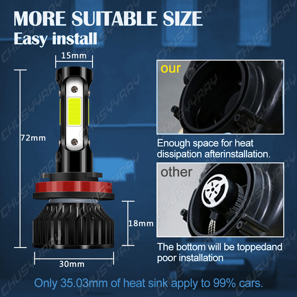 Fanless LED Headlight Bulbs Conversion Kit 9005 H11 High Low Beam Bright White