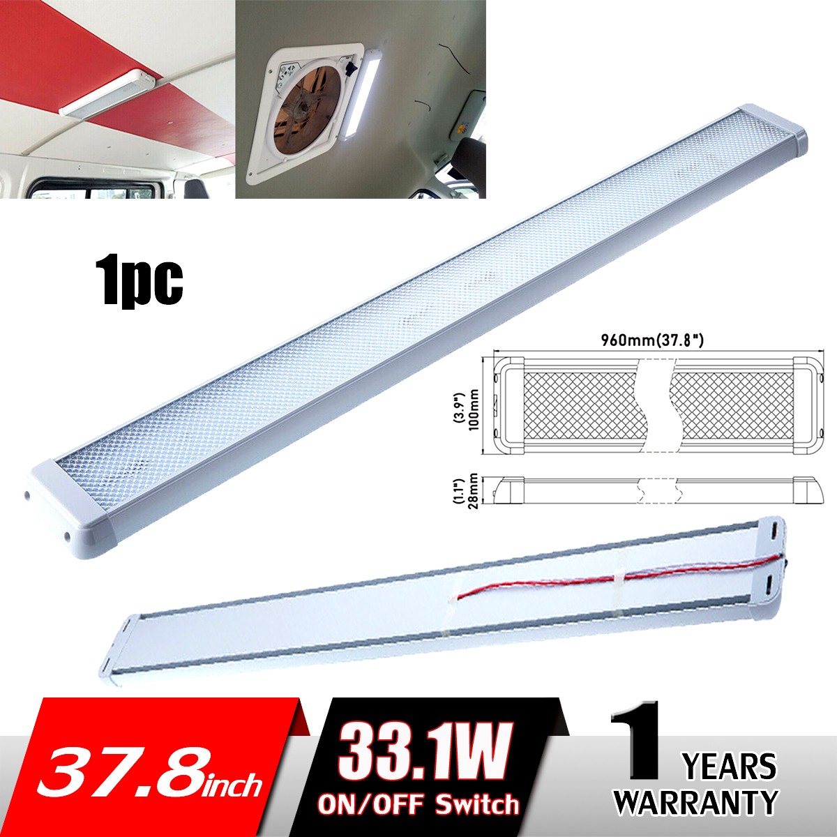 37.8″ 33.1W 6000K RV LED Interior Light Fixture On/Off Rocker Switch 12V-24V DC