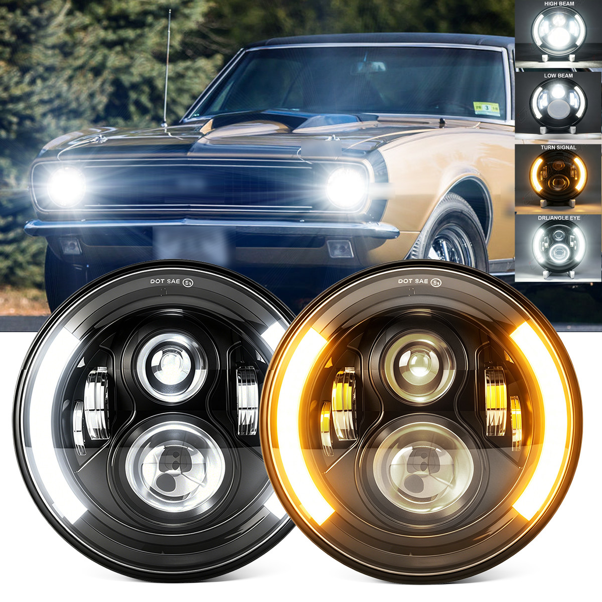 Fit Chevrolet Camaro Z28 SS RS 67-81 2Pc 7″inch Round LED Headlight Hi-Lo Beam