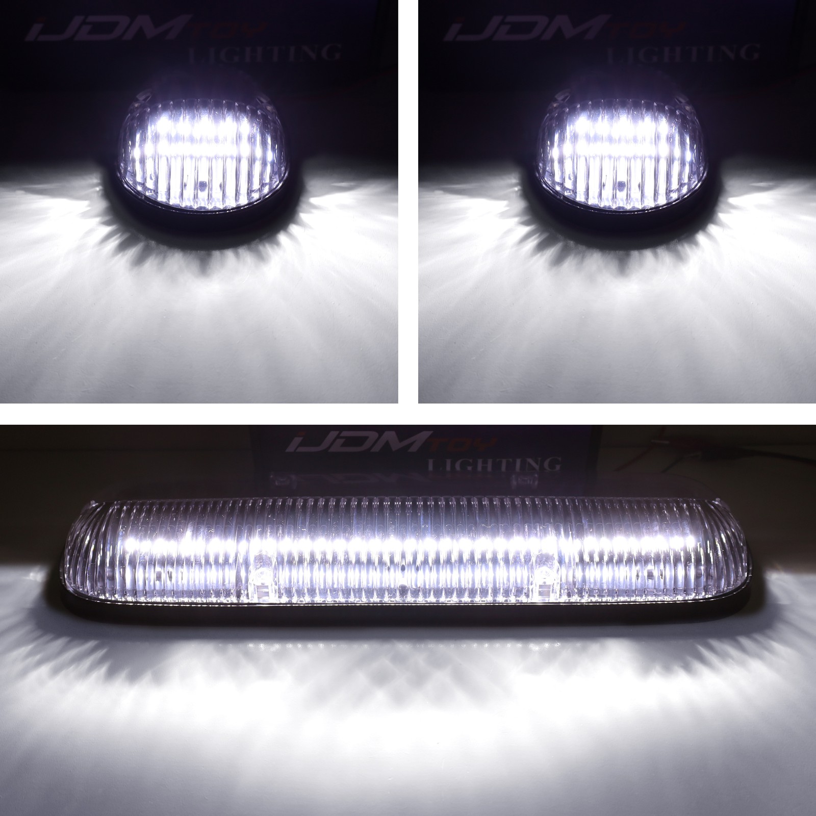 Clear Lens 3pc Cab Roof Marker Running Lights w/White LED Lamp For Truck SUV 4×4