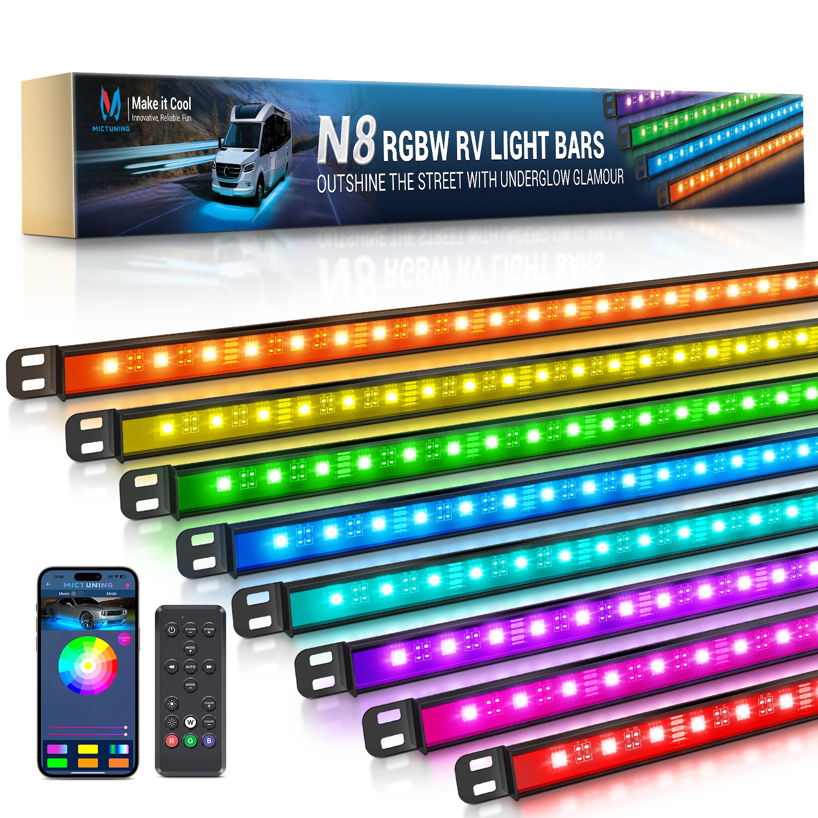 8PCS RGBW Underglow Light Bars for RVs,Exterior Neon Underbody LED Light strips