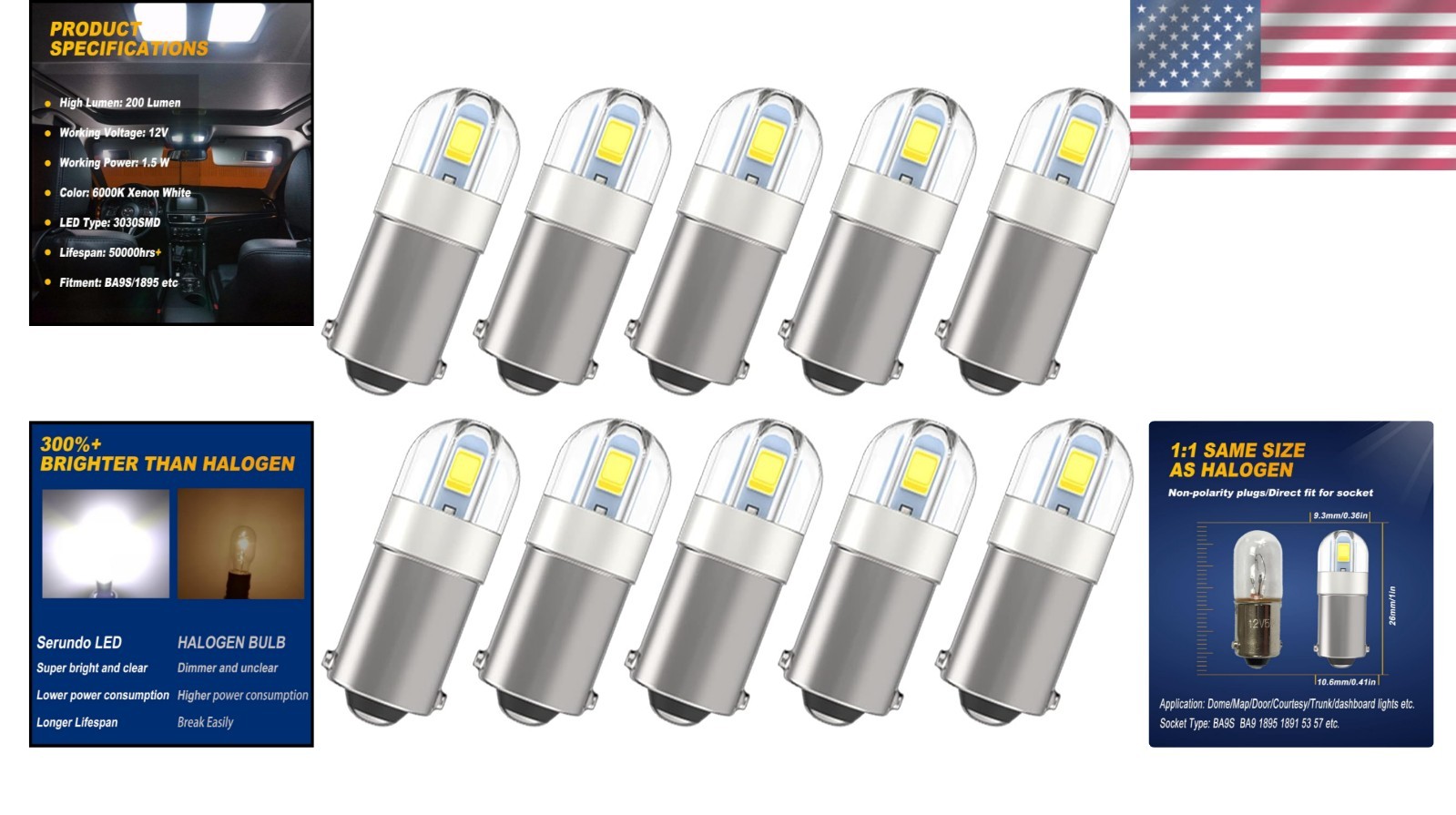 Pack of 10 BA9S LED Bulbs, 360° Beam, 50000 Hours Life for Optimal Illumination