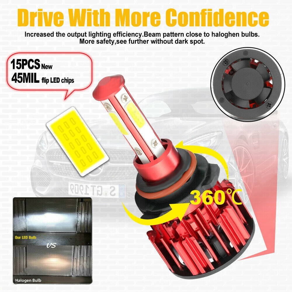 60PCS 4-Sides 9005+9006+H11 LED Headlight Foglight Kit High Low Beam Bulbs White