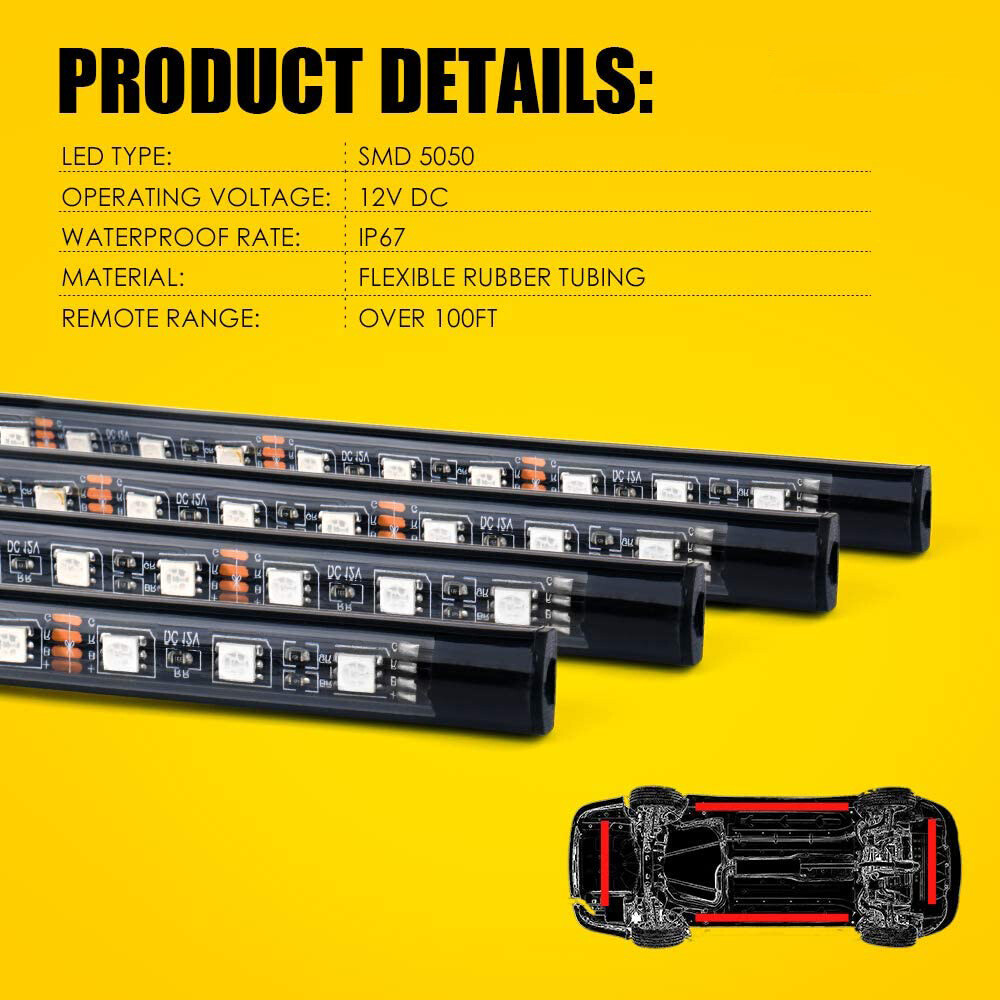 4X RGB LED Strip Under Car Tube Underglow Underbody Remote Control Neon Lights