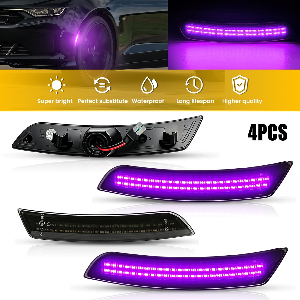 For 2016-22 2023 Chevy Camaro 4x Solid Purple LED Side Marker Lights Smoked Lens