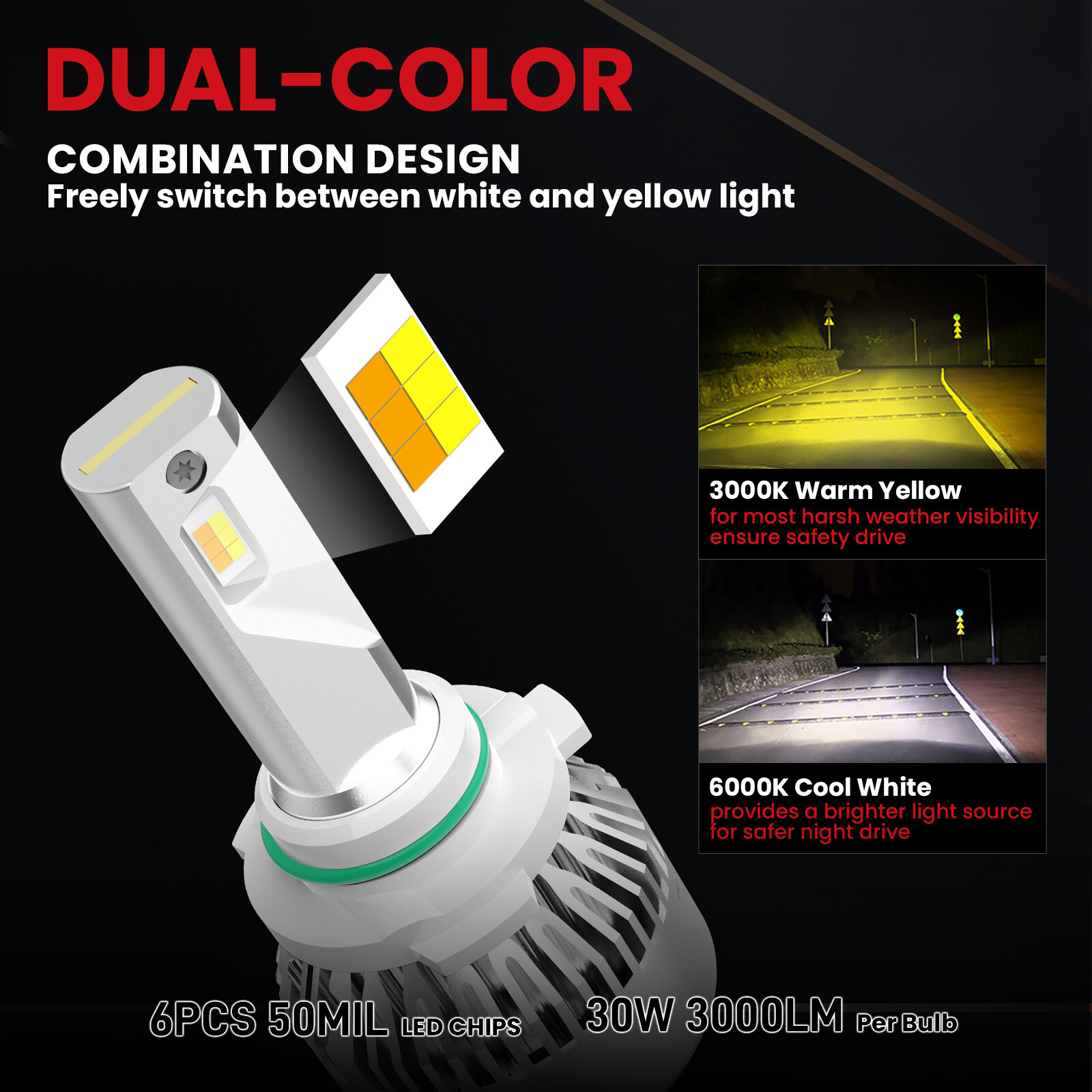Lasfit Switchback LED Fog Light Bulbs 9145 9140 H10 Amber 3000K White 6000K 2x