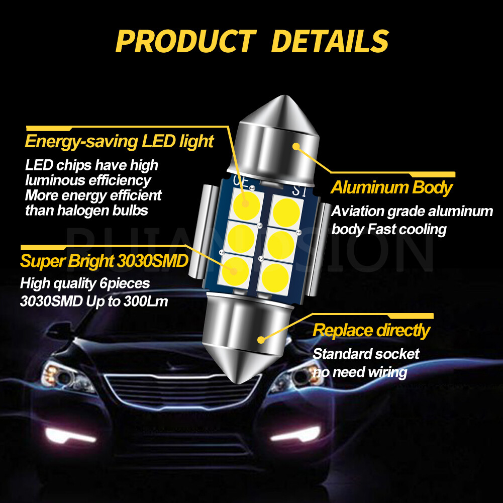 1PC Canbus DC 12V 29MM 3030 6 LED Festoon Dome Reading Light Bulb White 300LM
