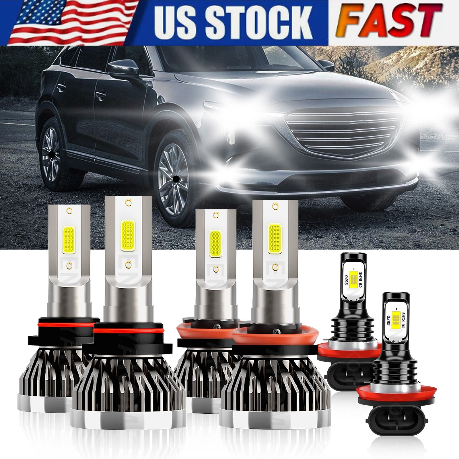 6X 9005 H11 H11 LED Headlight Fog Bulbs High Low Beam 6Pcs For Mazda CX-9 2014