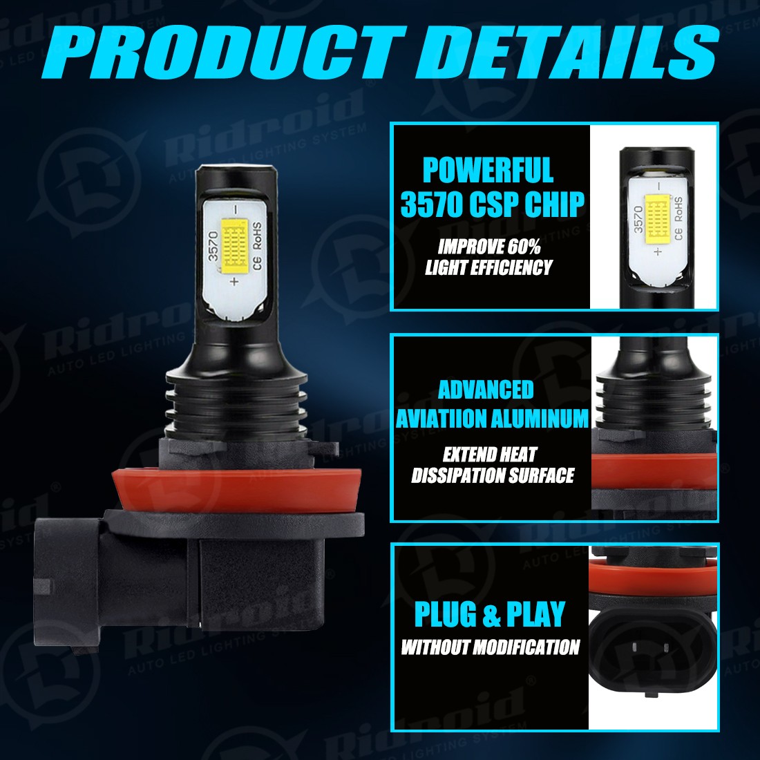 H11 9005 LED Headlight KIT Combo Bulbs 10000K High&Low Beam Super Bright White
