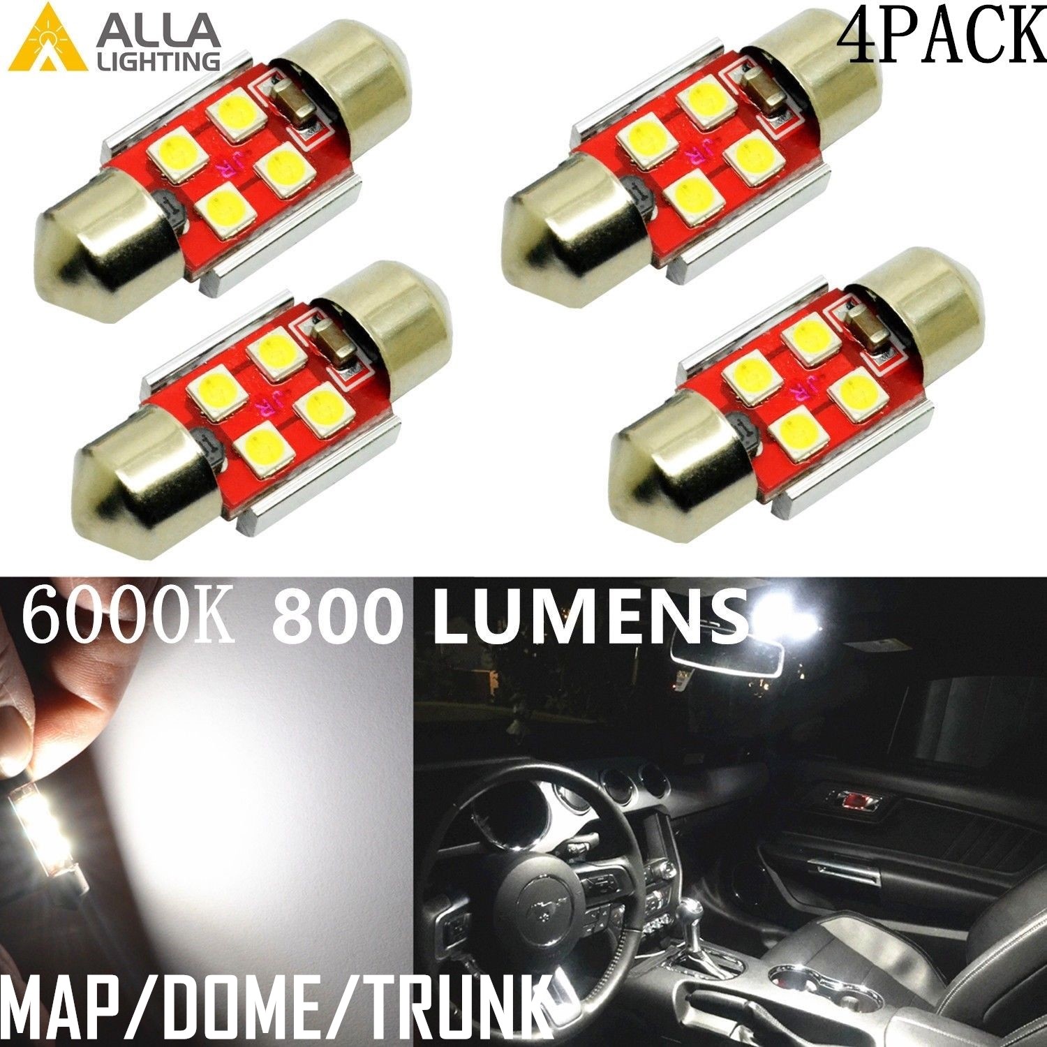 Alla Lighting 800LM 3030 LED Dome Map Trunk Light Festoon Bulb DE3175,White,4x