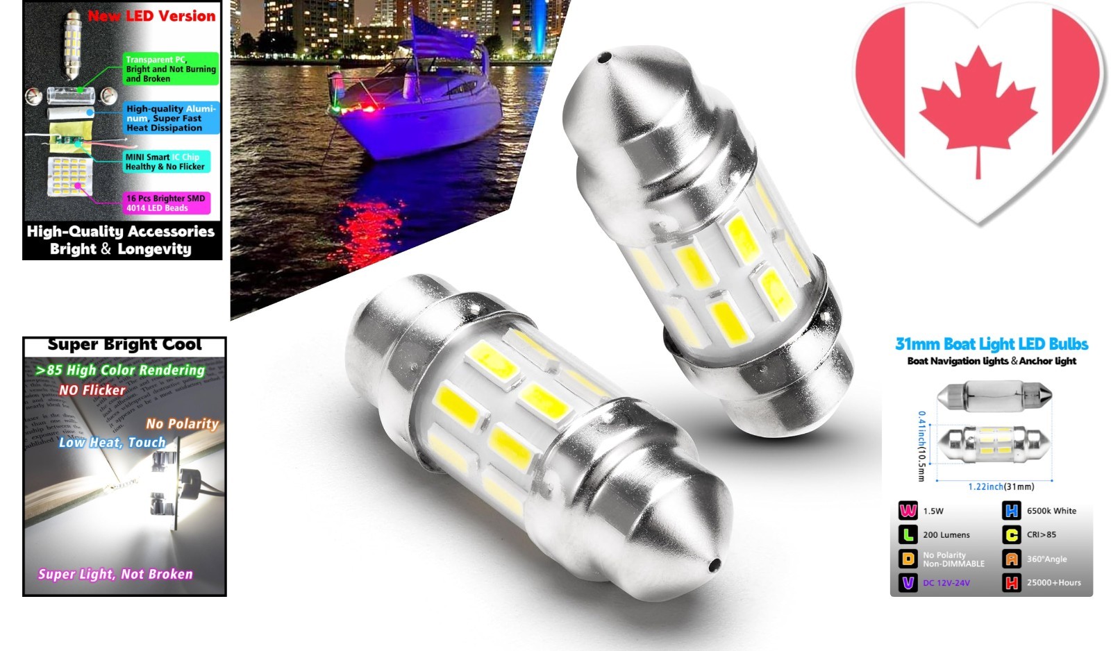Versatile 31mm Marine LED Bulbs, 200LM Brightness for Bow & Stern Lights, 2 Pack