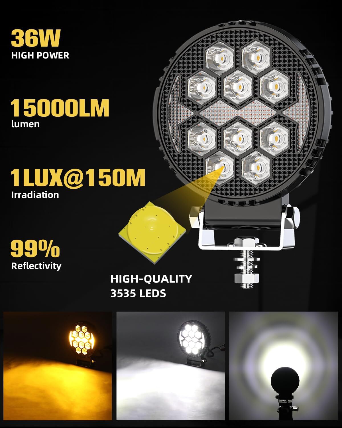 2X 4″ Tractor Lights Pod LED Flood Work W/Amber Auxiliary Spot for Truck SUV ATV