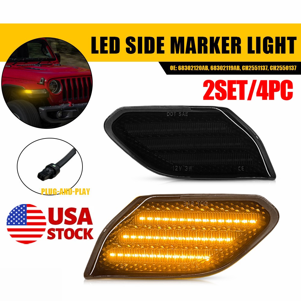 4PC Smoked Lens LED Side Marker Light Fender For 2018-26 Jeep Wrangler Gladiator