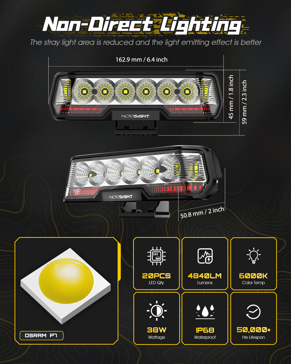 1x NOVSIGHT 6 Inch LED Light Bar Reverse Brake DRL Offroad Lamp IP68 Waterproof