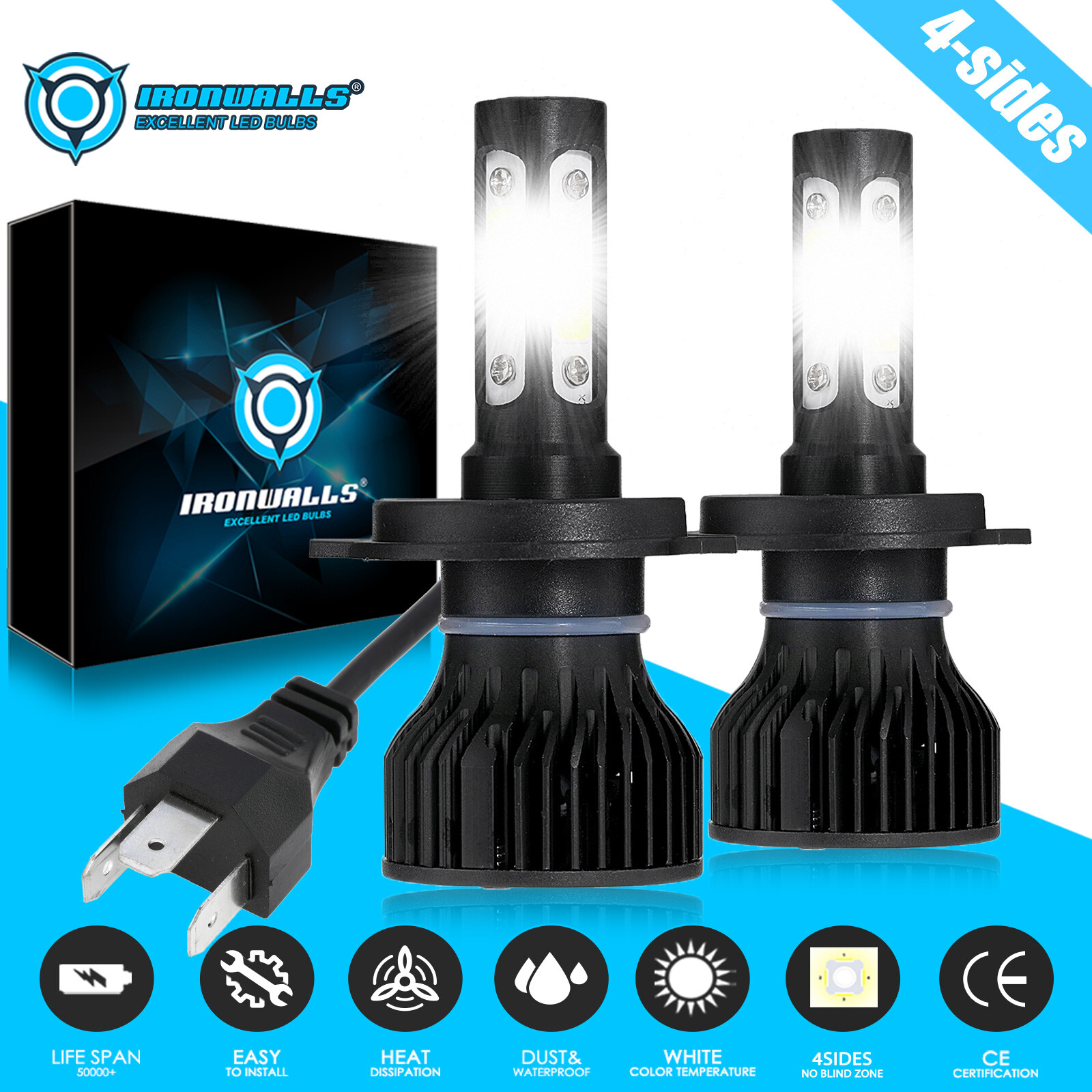 4-sides 9003 H4 HB2 LED Headlight Conversion High Low Beam 6500K 1500000LM Bulbs