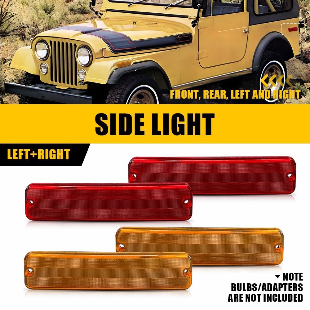4PC Front Rear Side Marker Light Amber Red Lens For Jeep Cherokee J10 Pickup CJ5