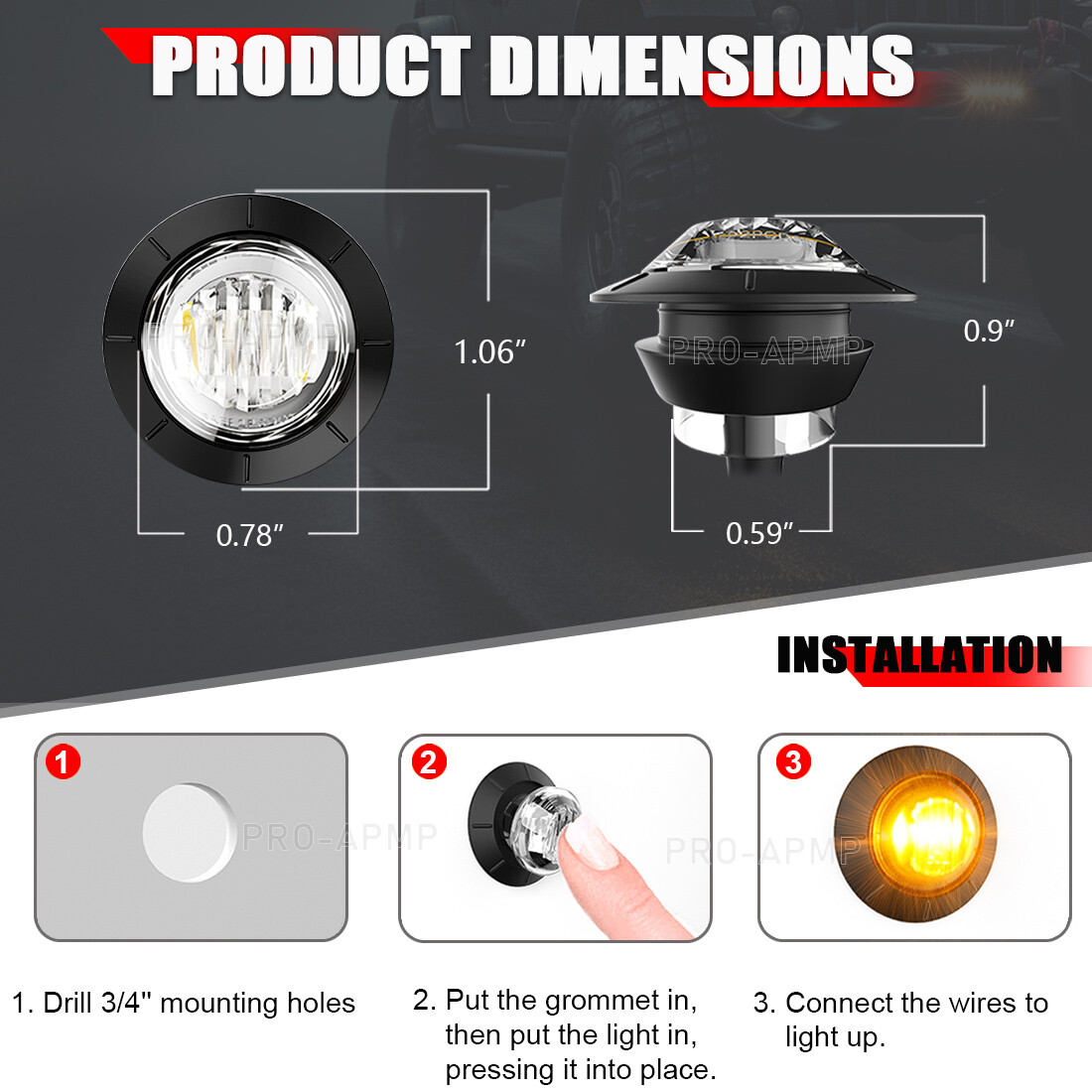 Dual Color 3/4″ 12V Marker Lights LED Truck Trailer Round Side Bullet Light 10pc