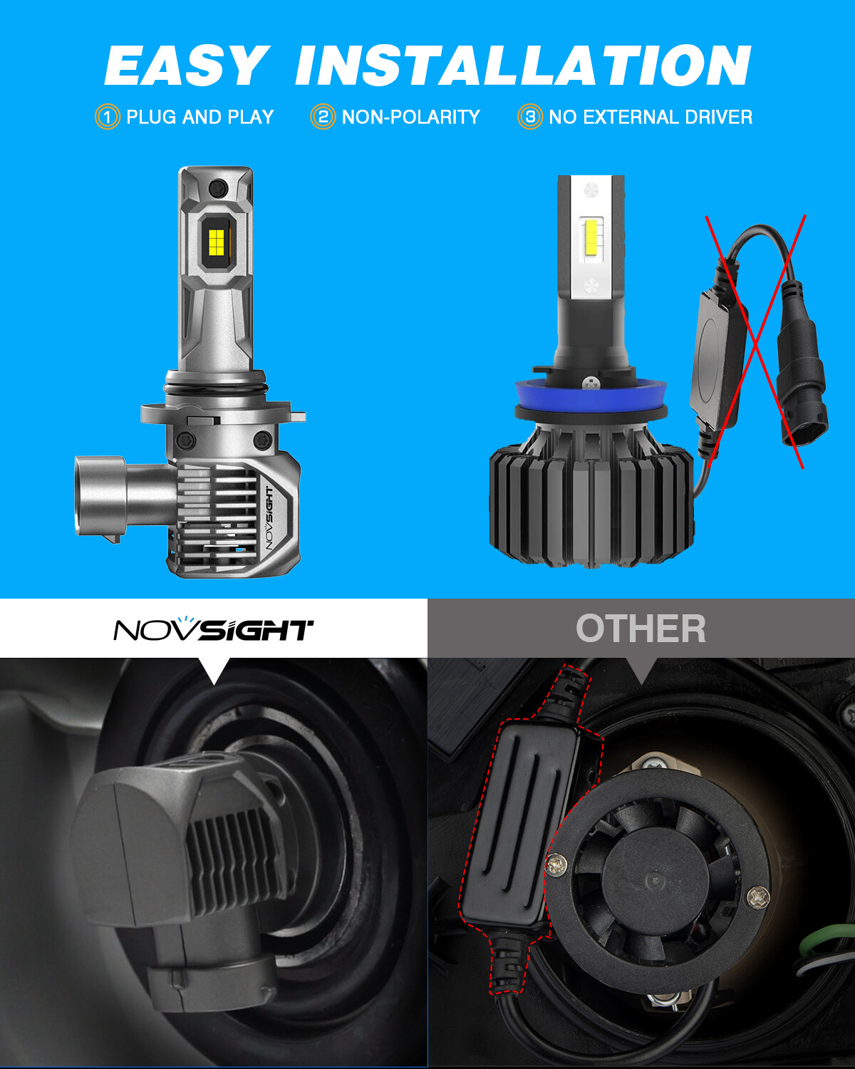 NOVSIGHT 9005 LED Headlight Bulbs High Lo Beam 300% Bright Lamp 100W 6500K White