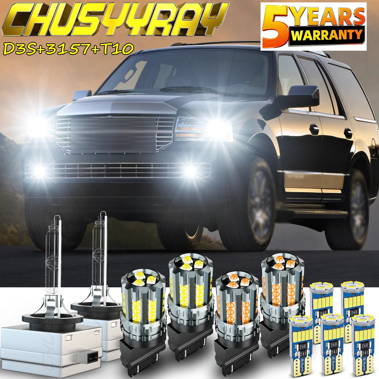 6000K Headlight & 3000K Amber Turn Signal Bulbs for Lincoln Navigator 2007-2014