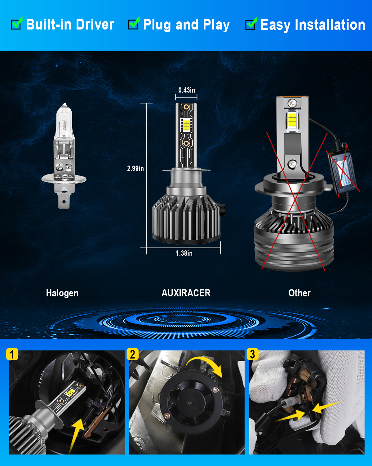 AUXIRACER H1 LED Bulbs Fog Lights Conversion Kits 100W Super Bright 6000K White