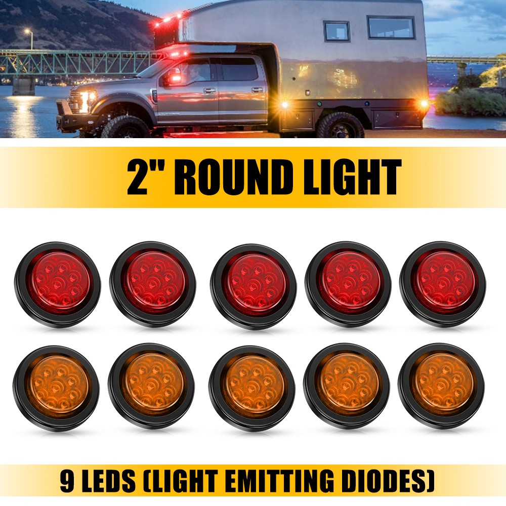 5/10x Red Amber 2″ Inch Round LED Truck Trailer RV Side Marker Clearance Lights
