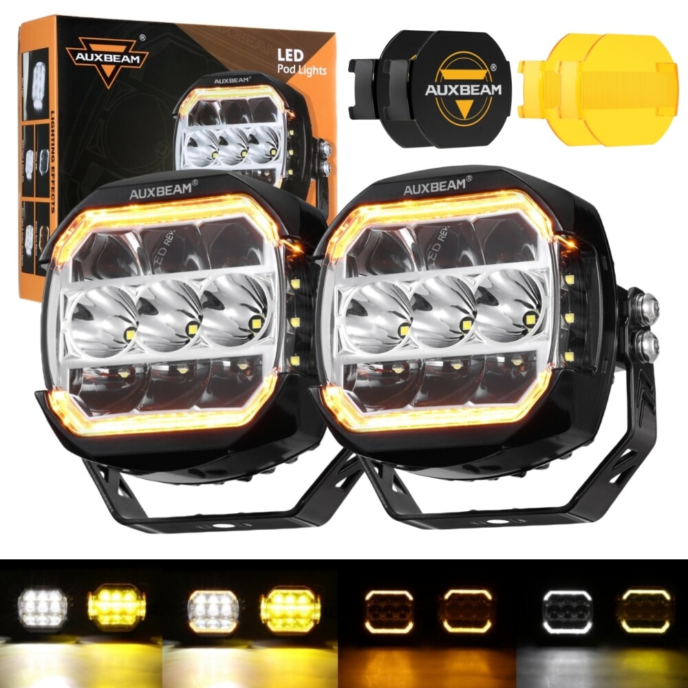 2X AUXBEAM 5″ 174W LED SIDE SHOOTER POD LIGHTS WHITE DRL&AMBER TURN SIGNAL LIGHT