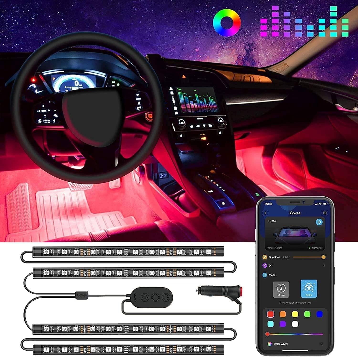 RGB Smart Car Interior LED Lights – App Control, DIY & Music Modes, 12V Charger