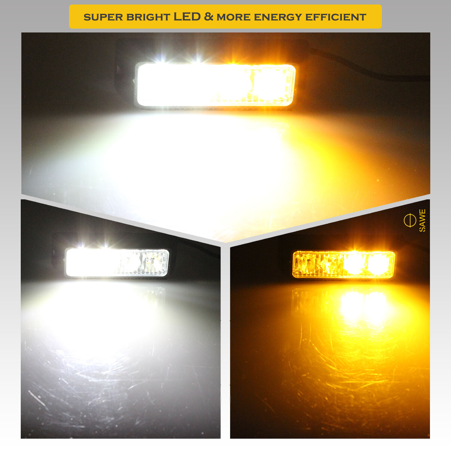 2 x Amber White 4 LED Truck Car ATV Hazard Flash Strobe Lights