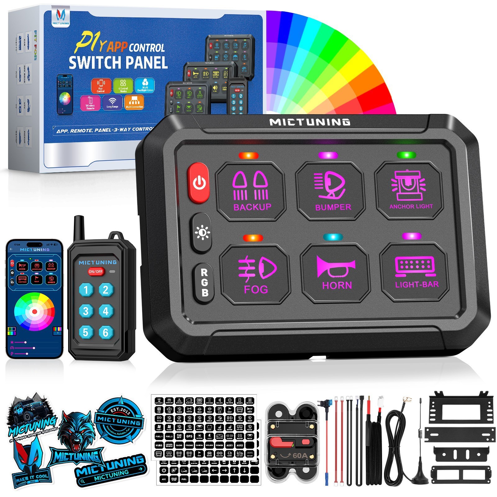 MICTUNING Wireless RGB Switch Panel 12/24v LED Circuit Remote/APP Control System