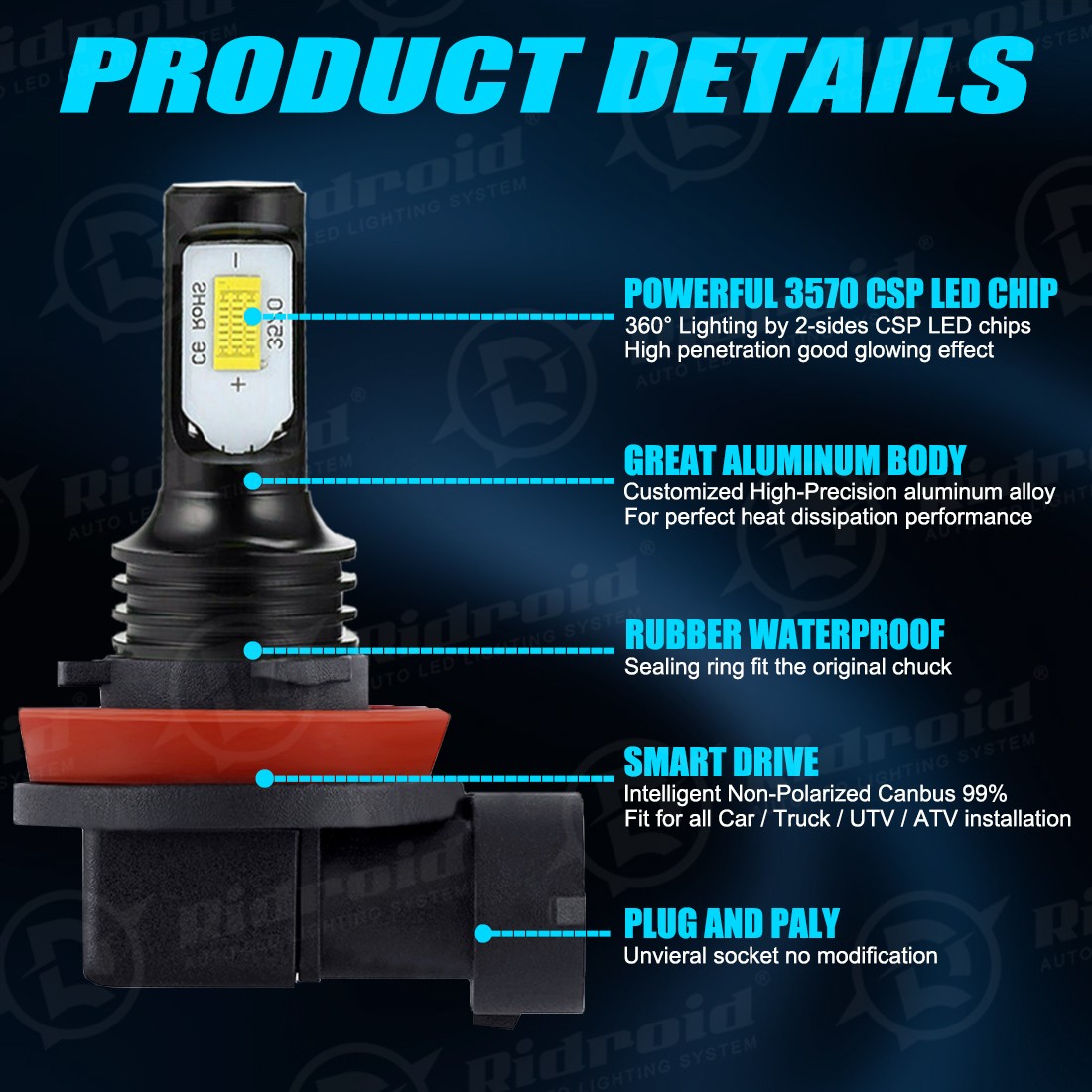 H11 9005 LED Headlight KIT Combo Bulbs 10000K High&Low Beam Super Bright White